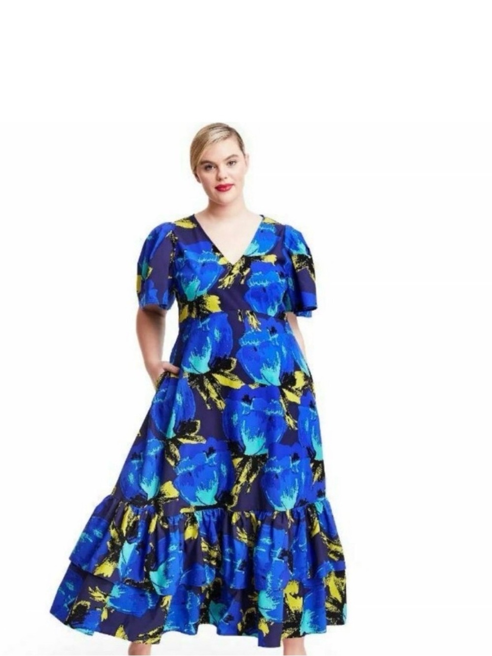 24W/26W CHRISTOPHER JOHN ROGERS Blue V Neck Floral Chic Boho Maxi Dress